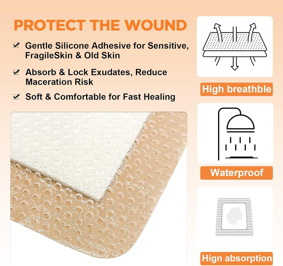 Carbou 5Pcs Silicone Foam Dressing 6" x 6" (15cmx15cm) - Square Wound Care Dressing with Border Adhesive Waterproof Central Ultra Absorbent-Foam(4.3" X 4.3") Waterproof Silicone Wound Bandage