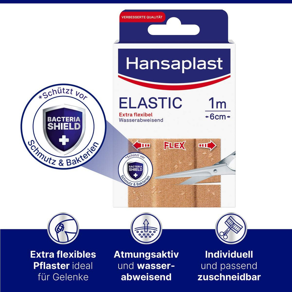 Hansaplast Elastic Plaster (1 m x 6 cm), Cut to Size Wound Plasters for Joints and Moving Body Areas, Flexible Dressing Material with Extra Strong Adhesion