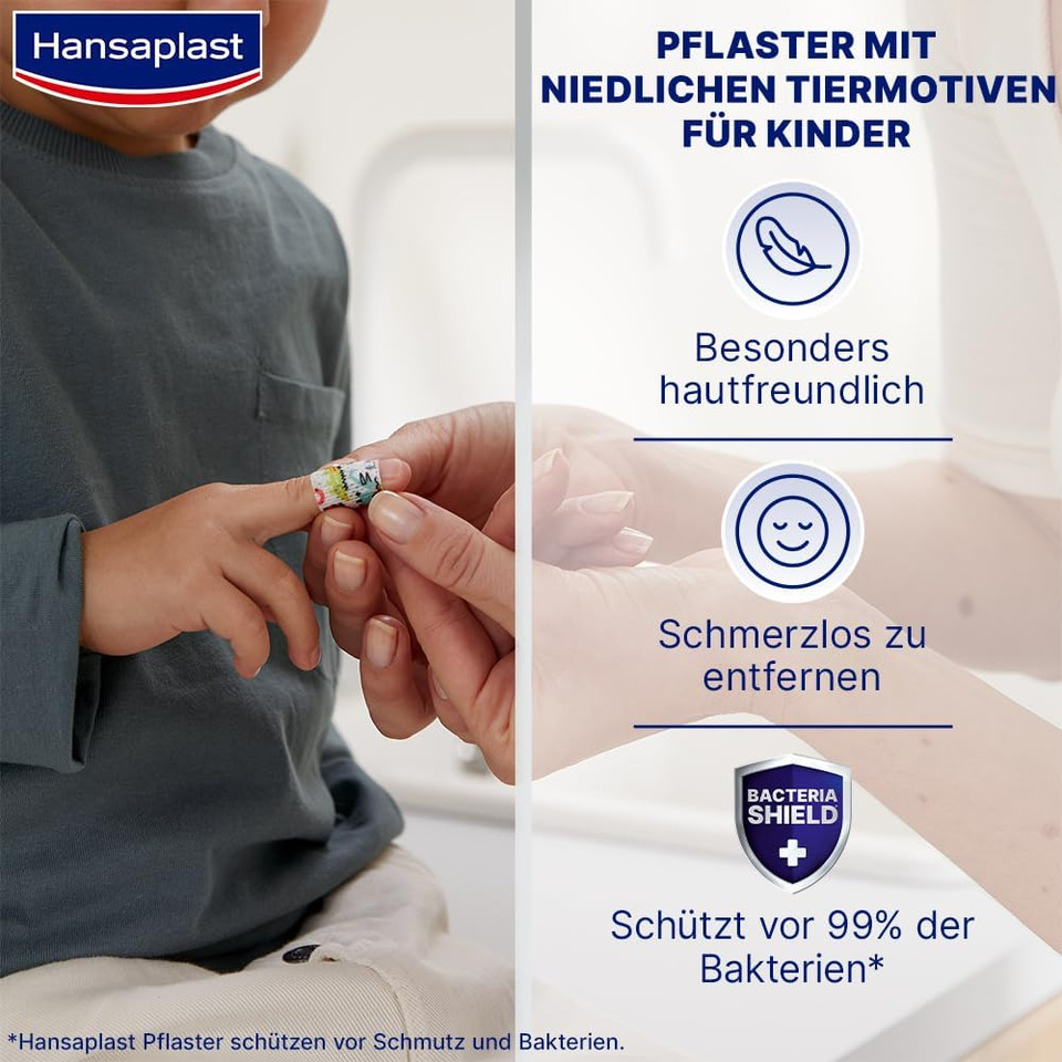 Hansaplast Sensitive Children's Plaster (20 Strips), Wound Plasters with Cute Animal Motifs to Cheer, Painless Remove Plaster Set