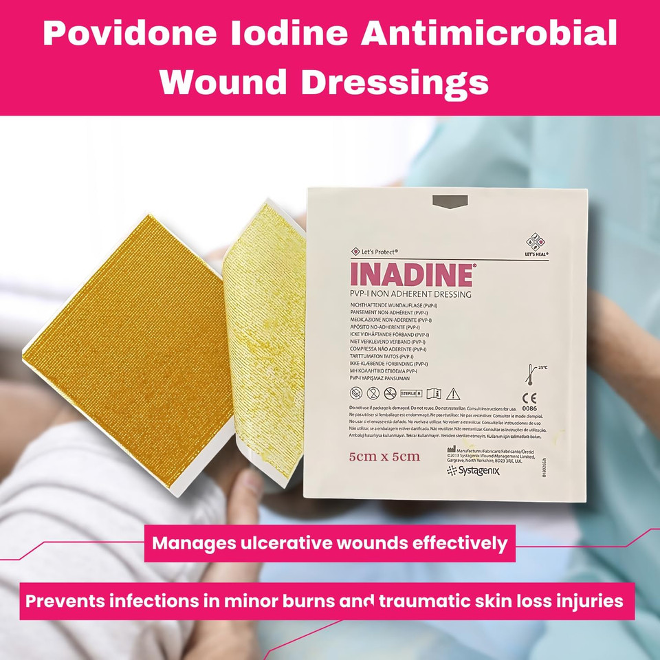 Inadine 5cm x 5cm x10 Non-Adherent Wound Dressings Povidone Iodine AntiMicrobial**G