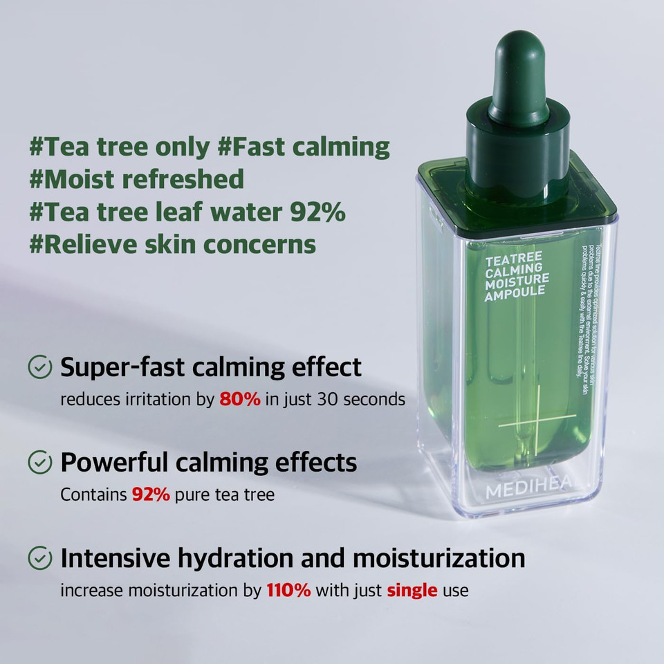 Mediheal Teatree Calming Moisture Ampoule, Quick Calming And Deep Hydrating With Teatree Leaf Water 92% For Senitive Skin Type (1.7 Fl Oz, 1 Pack)