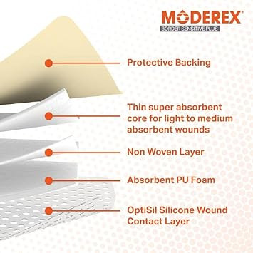 Silicone Lite Foam Dressing (Moderex Border Sensitive Plus) with Border for Light to Moderate exuding Wounds for Sensitive Skin (7.5x7.5cm x 10)
