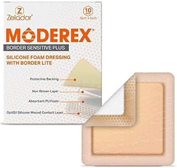Silicone Lite Foam Dressing (Moderex Border Sensitive Plus) with Border for Light to Moderate exuding Wounds for Sensitive Skin (20x10cm x 5)
