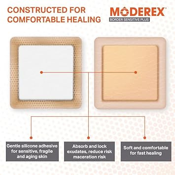 Silicone Lite Foam Dressing (Moderex Border Sensitive Plus) with Border for Light to Moderate exuding Wounds for Sensitive Skin (20x10cm x 5)