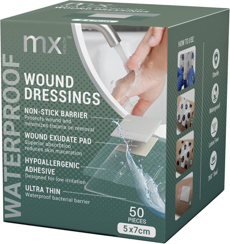 mx HEALTH Waterproof Wound Dressing Film+PAD - 5X7CM (2.5X4CM Wound PAD) - 50 Individually Wrapped DRESSINGS PER Box