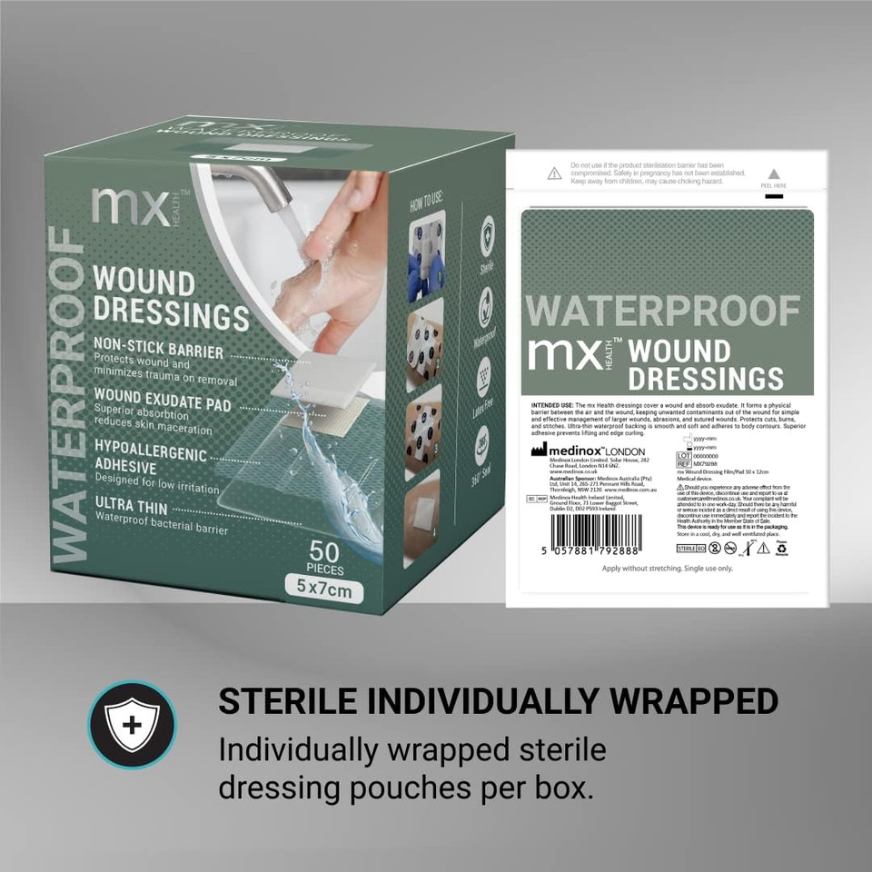 mx HEALTH Waterproof Wound Dressing Film+PAD - 5X7CM (2.5X4CM Wound PAD) - 50 Individually Wrapped DRESSINGS PER Box