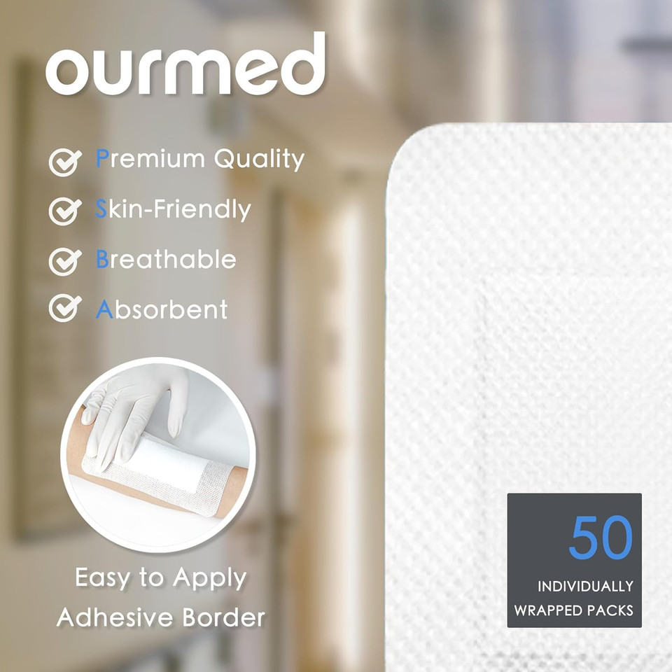 Ourmed Sterile Wound Plasters 10 x 10 cm, Self-Adhesive Sterile Wound Dressing with Strong Adhesion, Protects Against Cuts and Scratches, Painless to Remove, Individually Wrapped, Pack of 50