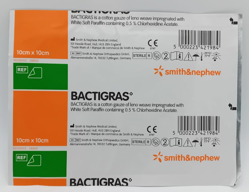 Bactigras 10cm x 10cm Cotton Gauze Dressing - Antiseptic, Non-Adherent, Sterile, Soft, Breathable, Gentle for Wounds, Burns, Ulcers, and Surgical Care (Pack of 10)