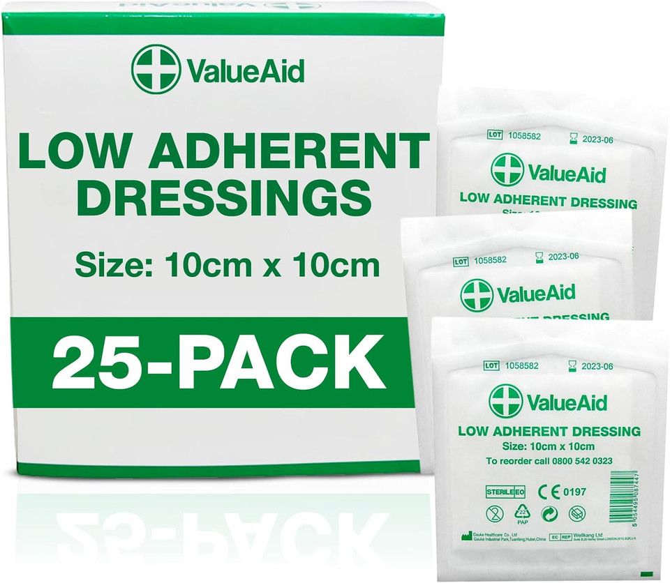 Value Aid Adhesive Wound Dressings - 15cm x 8cm - Box of 25 & Low Adherent Dressing Pads - 10cm x 10cm - Box of 25