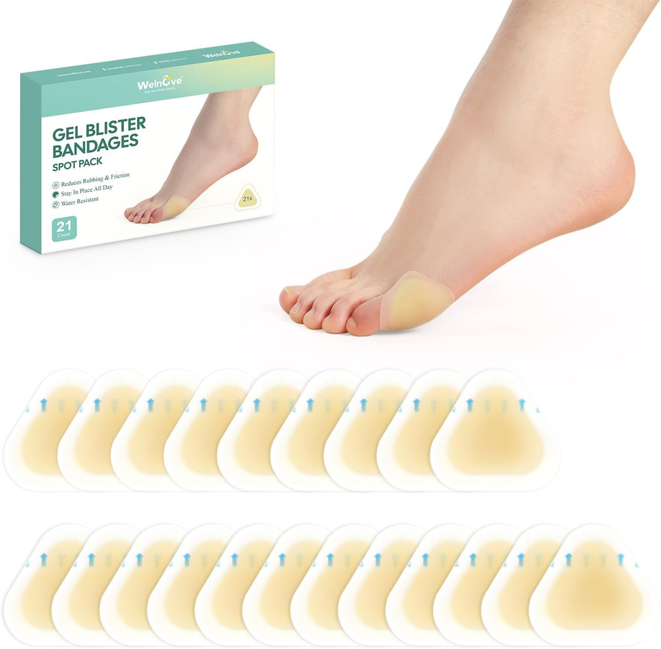 30 Pieces Blister Plasters for Feet - Welnove Invisible Hydrocolloid Gel Blister Bandages - Blister Cushions for Heel, Toe & Foot, Water Resistant Bandages(Variety Pack)