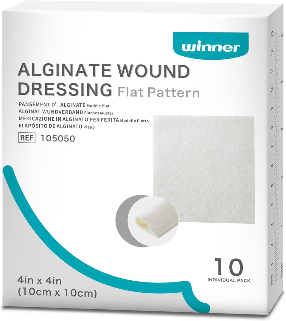 Winner Medical Calcium Alginate Wound Dressing Pads 10 x 10 cm, Sterile (Box of 10) Antimicrobial, Non-Stick Padding, Highly Absorbent & Comfortable| Flexible & Gentle on The Skin, Faster Healing