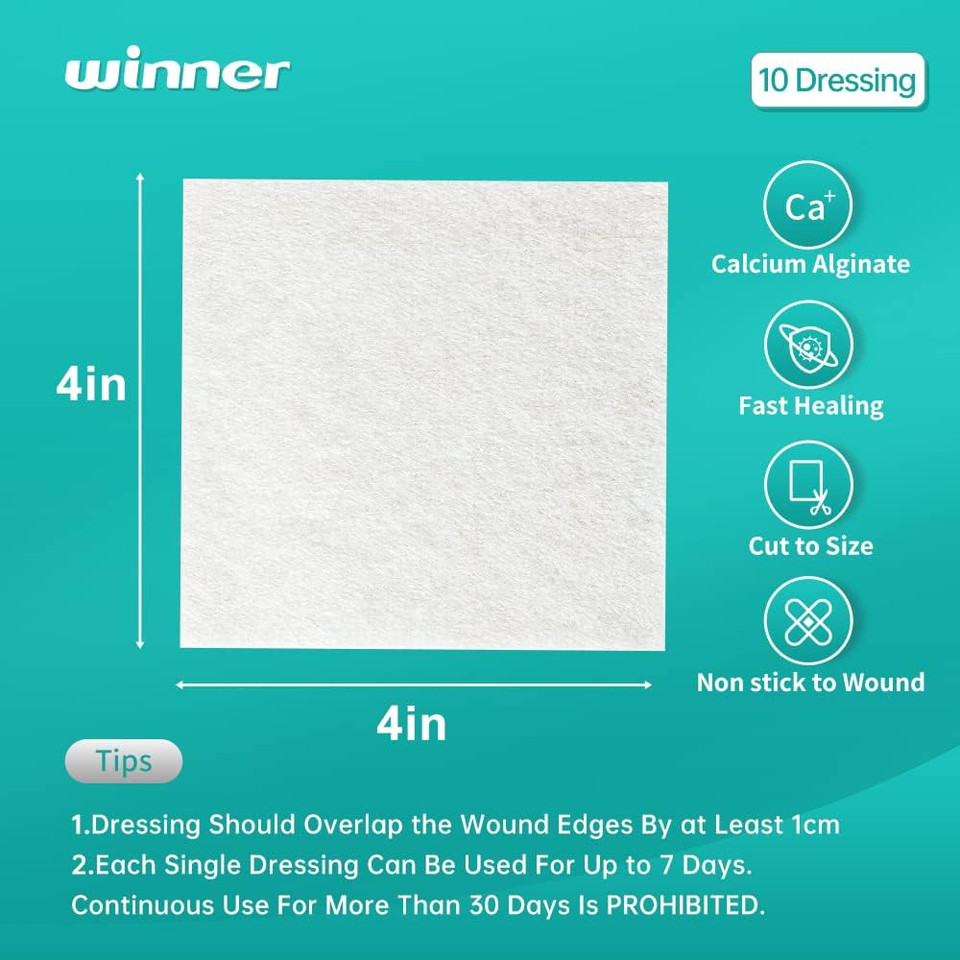 Winner Medical Calcium Alginate Wound Dressing Pads 10 x 10 cm (Box of 20), Sterile Antimicrobial, Non-Stick Padding, Highly Absorbent & Comfortable| Flexible & Gentle on The Skin, Faster Healing
