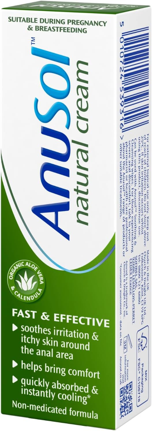 Anusol Natural Cream - 30g Cream with Natural Ingredients - Relieves Anal Itching & Discomfort - Suitable For Pregnancy & Breastfeeding - Non Medicated, Quick Cooling External Relief - Vegan Friendly