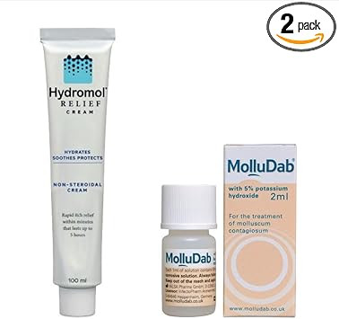 Bundle of Molludab Molluscum Solution 2 ml + Hydromol Itch Relief Cream 100 ml, to Treat Molluscum contagiosum and Skin lesions
