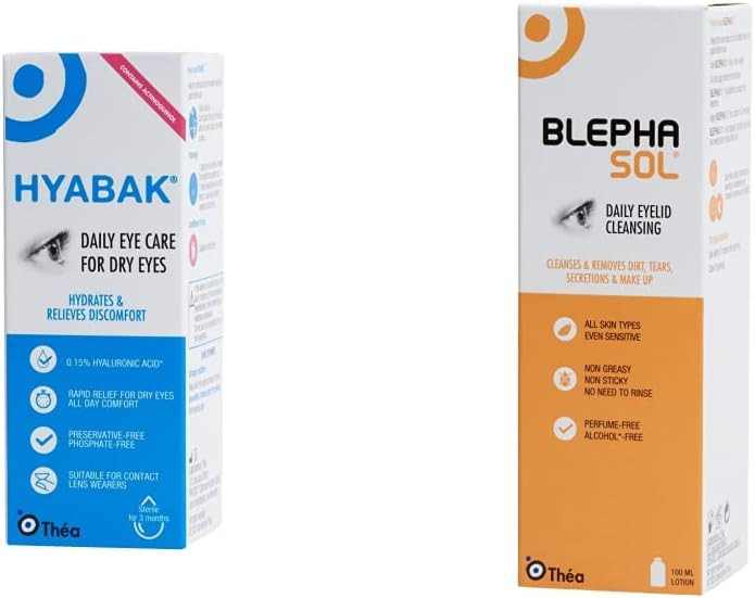 Hyabak (10ml) | Moisturising and Lubricating Solution for Dry Eyes & Blephasol 100ml Sensitive Eyelids Eye Lotion
