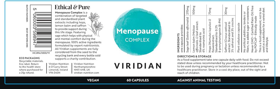 Viridian - Menopause Complex - 60 Capsules with Hops, Lemon Balm, Saffron & Sage | Natural Support for Menopause Symptoms | Formulated by Qualified Nutritionists | 100% Active Ingredients | Vegan