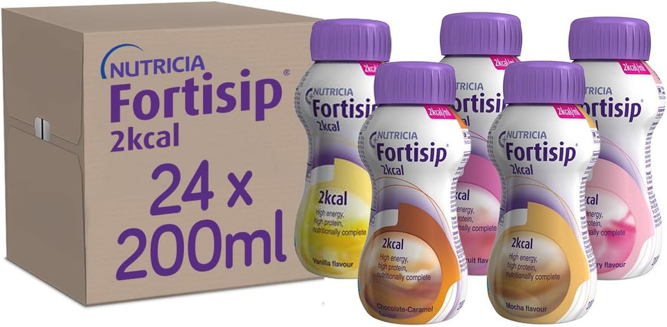 Fortisip 2.0 kcal Mixed Flavours Milkshake, 200ml, Pack of 24 (4 choc cara, 3 mocha, 4 for fruit, 8 strawb, 5 van)