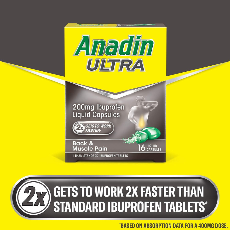 Anadin Ultra Ibuprofen, Back Pain Relief, Liquid Pain Killers Capsules, Pack of 16