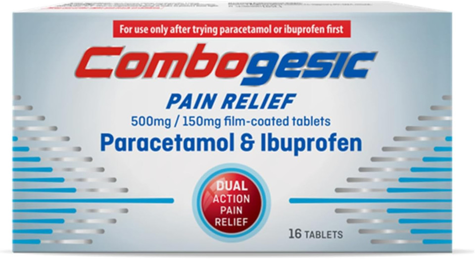 Combogesic Pain Relief Paracetamol 500 mg and Ibuprofen 150 mg, for Headache, Migraine Relief, Period, Toothache and Back Pain, Cold and Flu Symptoms, Painkillers, Pack of 16 Tablets