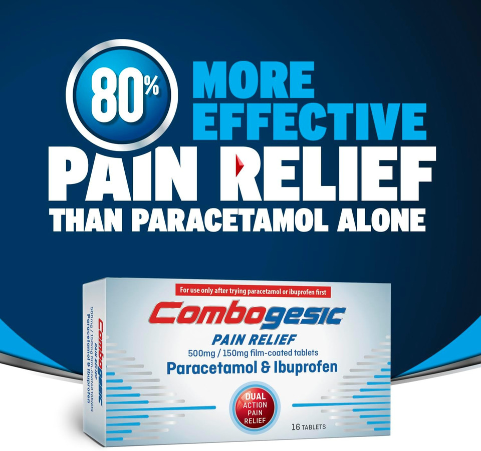 Combogesic Pain Relief Paracetamol 500 mg and Ibuprofen 150 mg, for Headache, Migraine Relief, Period, Toothache and Back Pain, Cold and Flu Symptoms, Painkillers, Pack of 16 Tablets