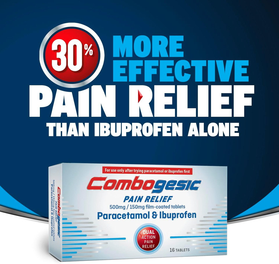 Combogesic Pain Relief Paracetamol 500 mg and Ibuprofen 150 mg, for Headache, Migraine Relief, Period, Toothache and Back Pain, Cold and Flu Symptoms, Painkillers, Pack of 16 Tablets