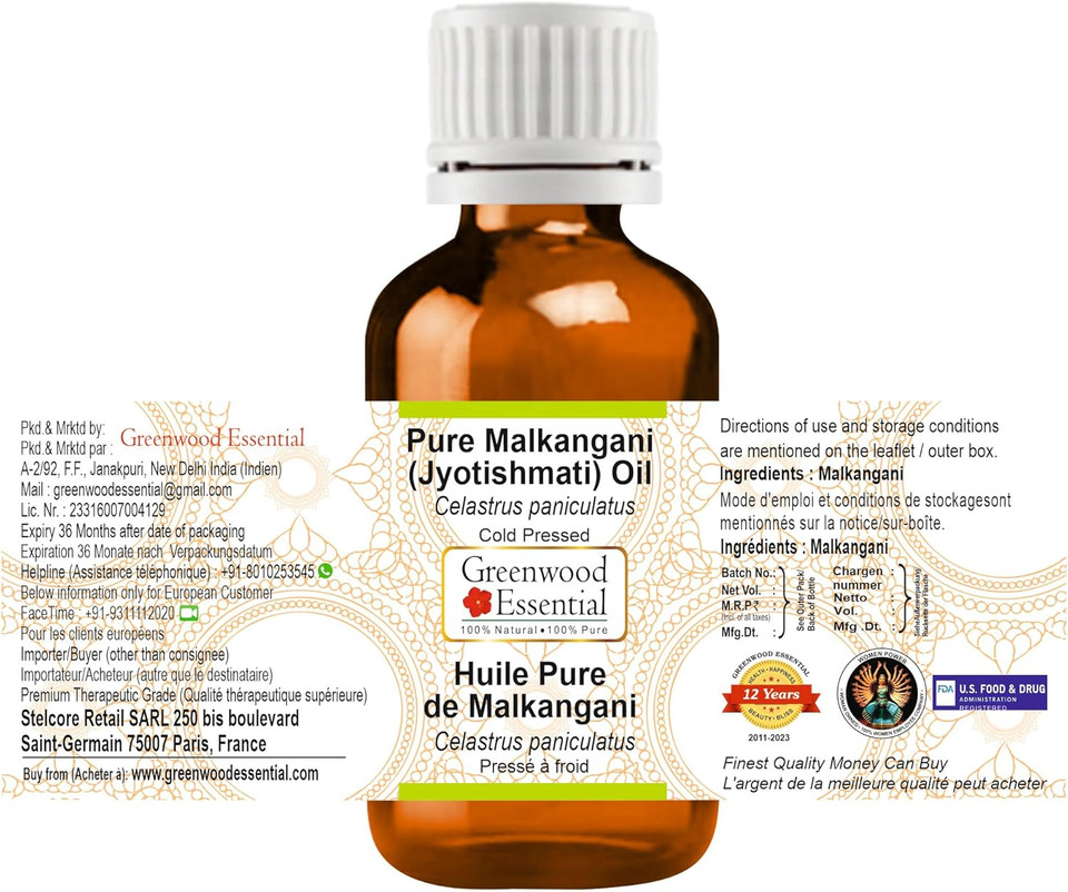 Greenwood Essential Pure Malkangani (Malkangni/Jyotishmati) Oil (Celastrus paniculatus) Cold Pressed 100ml x 2 (6.76 oz) Greenwood Essential Pure Malkangani (Malkangni/Jyotishmati) Oil (Celastrus paniculatus) Cold Pressed 100ml x 2 (6.76 oz)