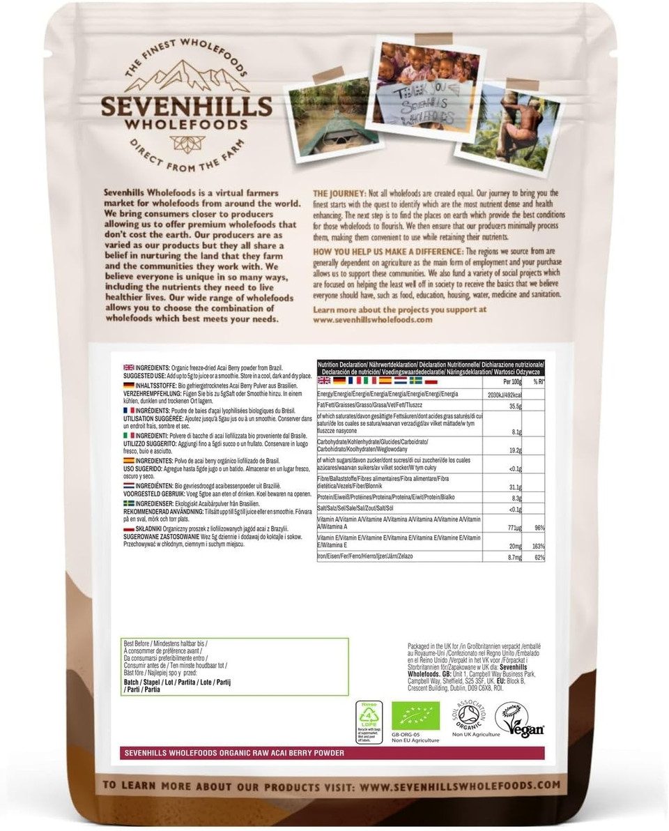 Sevenhills Wholefoods Organic Acai Berry Powder, Freeze-Dried, from Brazil 200g