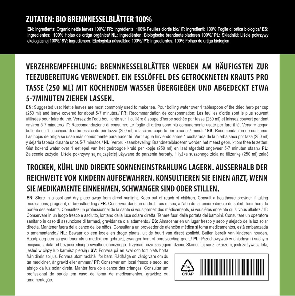 Organic Nettle Tea 125g 4.4 oz by Alpi Nature, Dried and Cut Nettle Leaves, Loose Leaf Tea