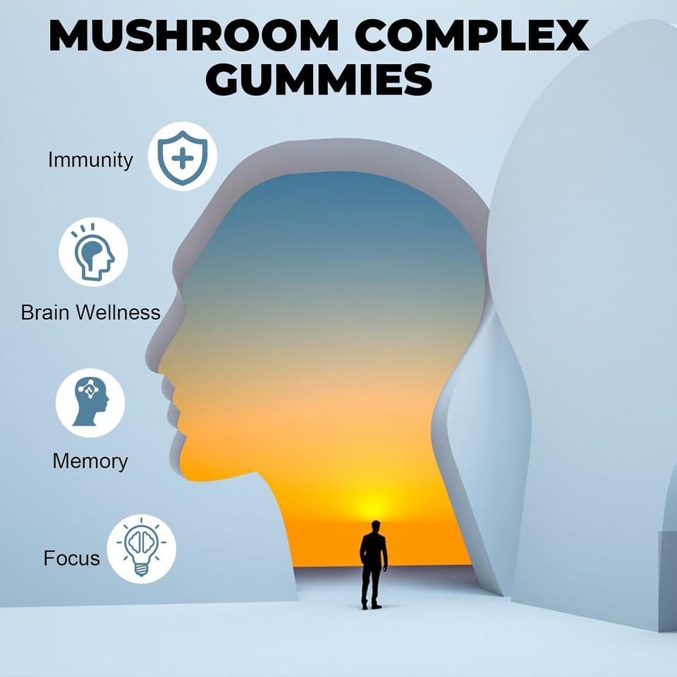 12-in-1 Mushroom Gummies with Lion's Mane, Reishi, Chaga, Maitake, Ginseng, Shiitake for Focus, Immunity & Mood, Vegan Mushroom Complex Supplement with Ashwagandha and Black Pepper- 60 Gummies