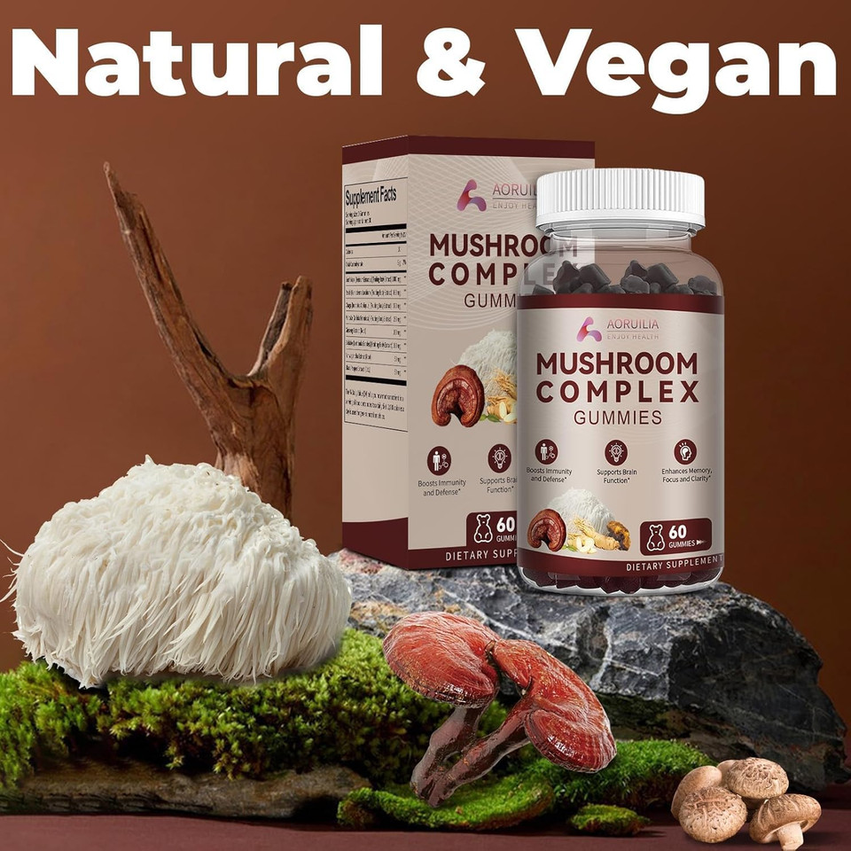 12-in-1 Mushroom Gummies with Lion's Mane, Reishi, Chaga, Maitake, Ginseng, Shiitake for Focus, Immunity & Mood, Vegan Mushroom Complex Supplement with Ashwagandha and Black Pepper- 60 Gummies