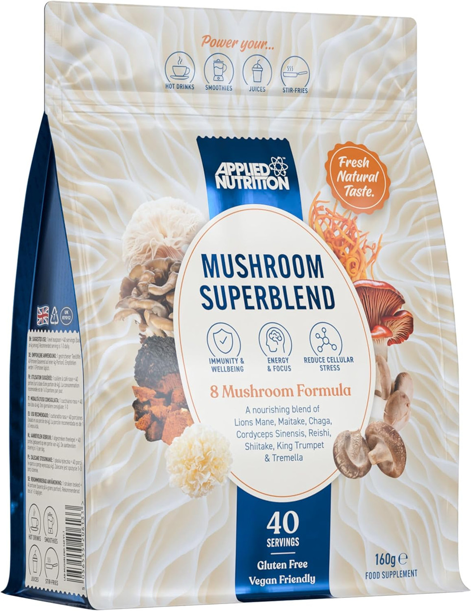 Applied Nutrition Mushroom Superblend - Lions Mane, Reishi, Chaga, Shiitake, Maitake, Tremella, Cordyceps Sinensis, King Trumpet | Vegan & Gluten Free (160g  40 Servings)
