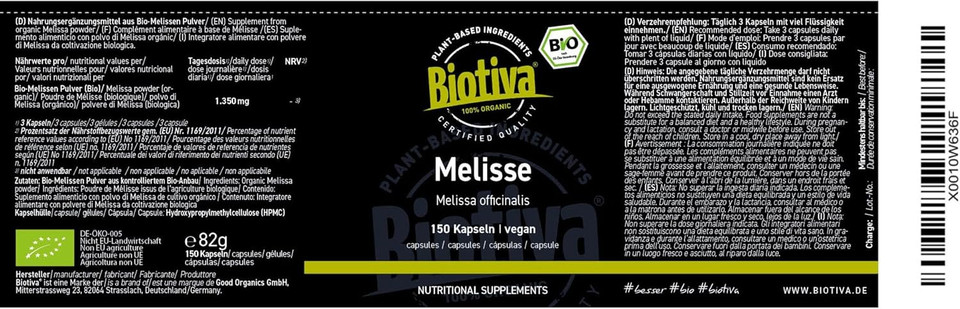 Biotiva Lemon Balm Organic 150 Capsules - Melissa officinalis - 450mg - Without additives - Bottled and Checked in Germany (DE-ECO-005)