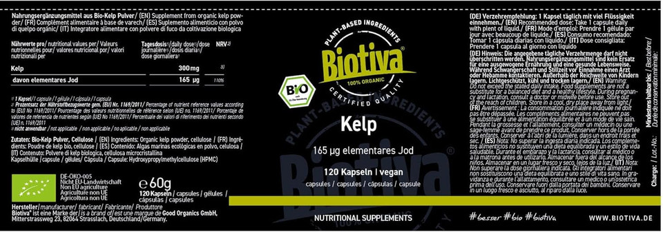 Kelp Bio high-dose 120 Capsules - 165 mg Natural Iodine - Kelp Algae - Bottled in Germany - 100% Vegan - No fillers or Anti-Caking Agents - Biotiva