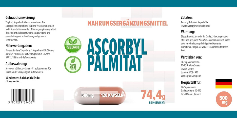 Ascorbyl Palmitate 500mg 120 Vegan Capsules, 3rd Party Lab Tested, High Strength Supplement, No Fillers or Bulkers, Gluten and GMO Free