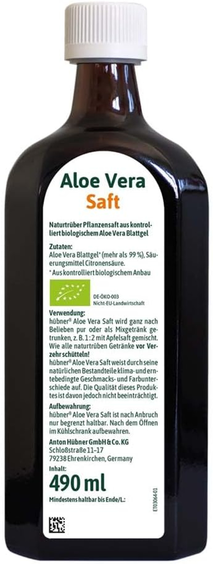 hübner Aloe Vera, Organic Plant Juice, Naturally Cloudy, 490 ml (2)
