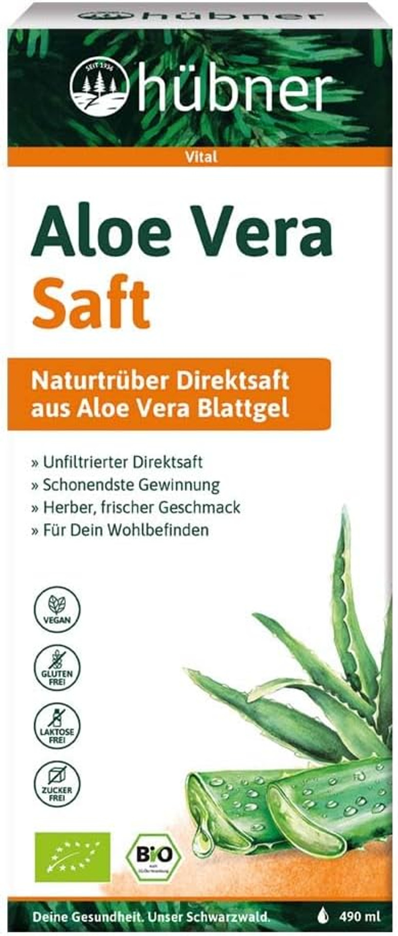 hübner Aloe Vera, Organic Plant Juice, Naturally Cloudy, 490 ml (6)