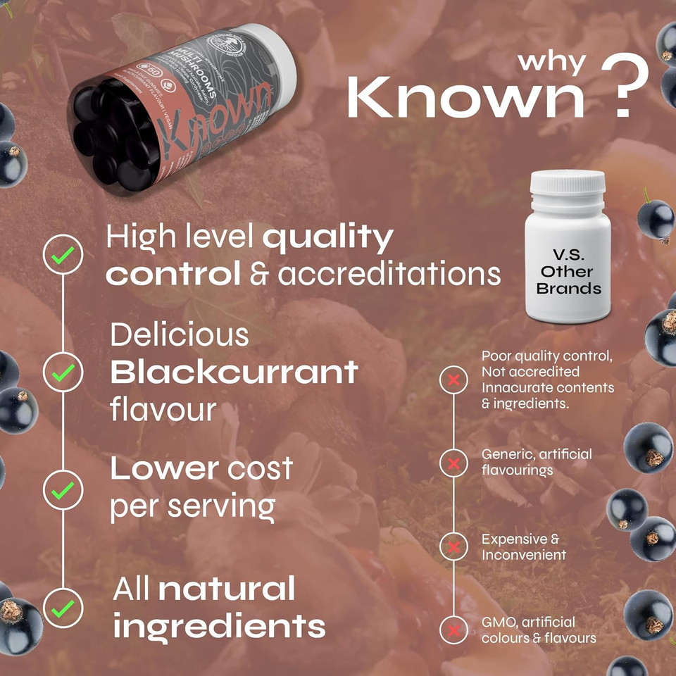 Known Tasty Multi Mushrooms Gummies - Lions Mane, Cordyceps - Immunity & Energy - Natural Blackcurrant Flavour - 60 Vegan Gummies, 1 Month Supply