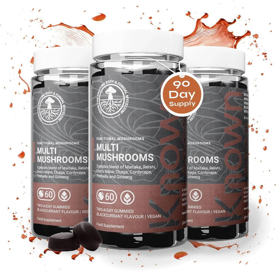Known Tasty Multi Mushrooms Gummies - Lions Mane, Cordyceps - Immunity & Energy - Natural Blackcurrant Flavour - 60 Vegan Gummies, 3 Months Supply