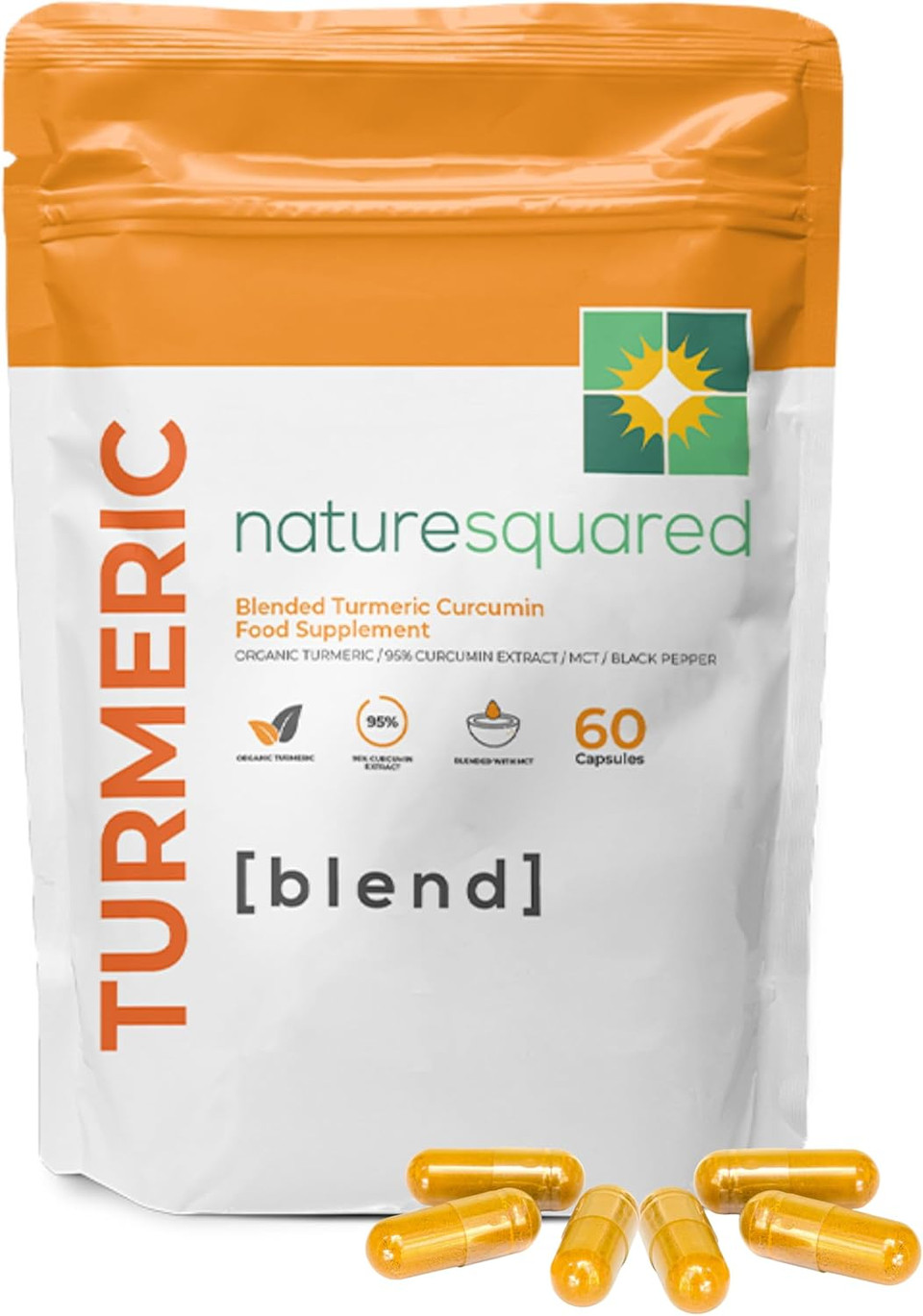 NATURE SQUARED Turmeric [Blend]: Premium Turmeric (2335mg) and Black Pepper Capsules with 95% Curcumin&MCTs - 60 High Strength Capsules - 2 Month Supply - Vegan - Non GMO - Gluten Free - GMP - UK Made