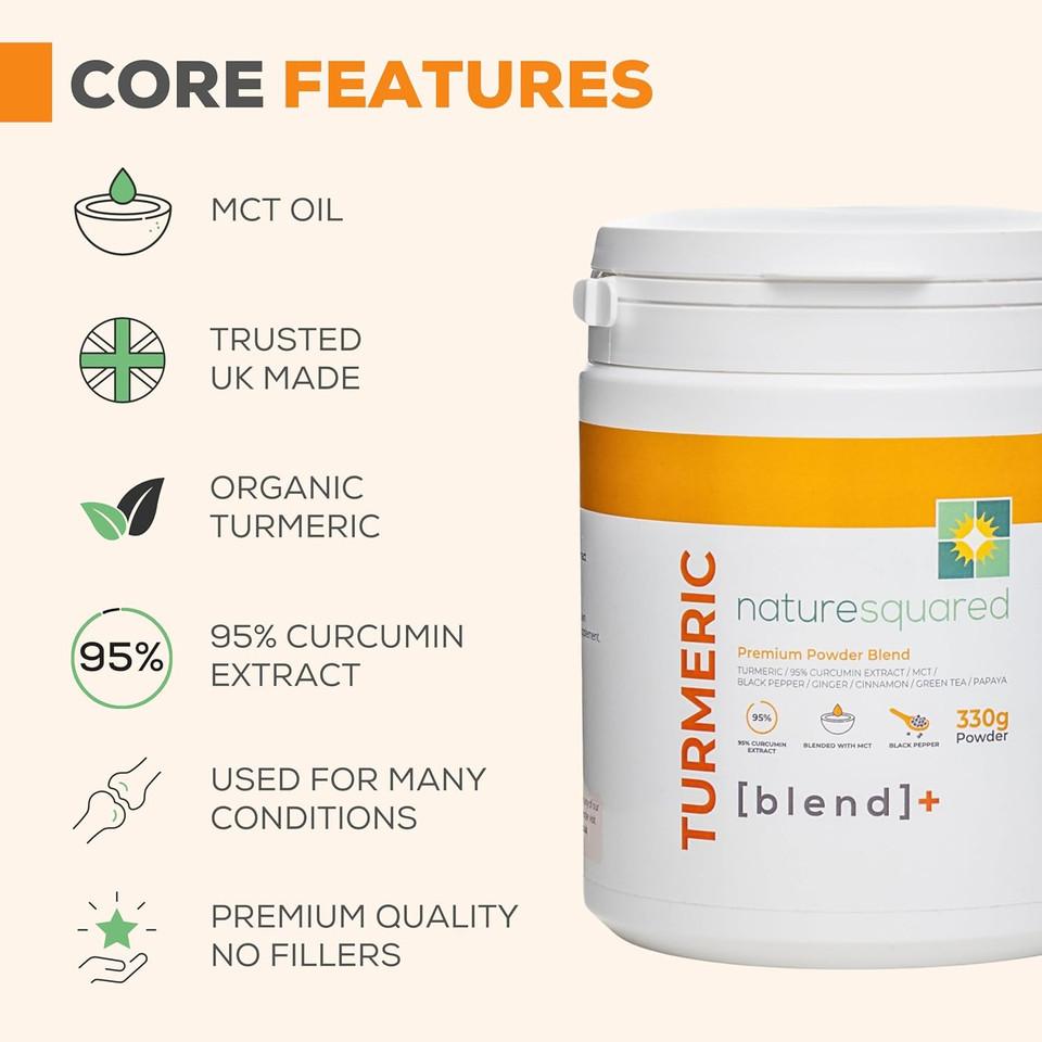 Nature Squared Turmeric Super [Blend] - Premium & Organic Turmeric (3933mg) Powder with 7 Active Ingredients - 330g(3 Month Supply) - Vegan - Non GMO - Gluten Free - GMP - Potent Antioxidant- UK Made