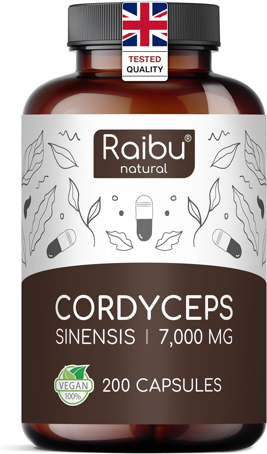 Raibu Cordyceps Capsules - 21000mg Mushroom Content per Daily Dose (10:1 Extract) - 200 Vegan Capsules - Cordyceps Supplement with Black Pepper & Vitamin C for Well-Being - No Additives & Lab Tested