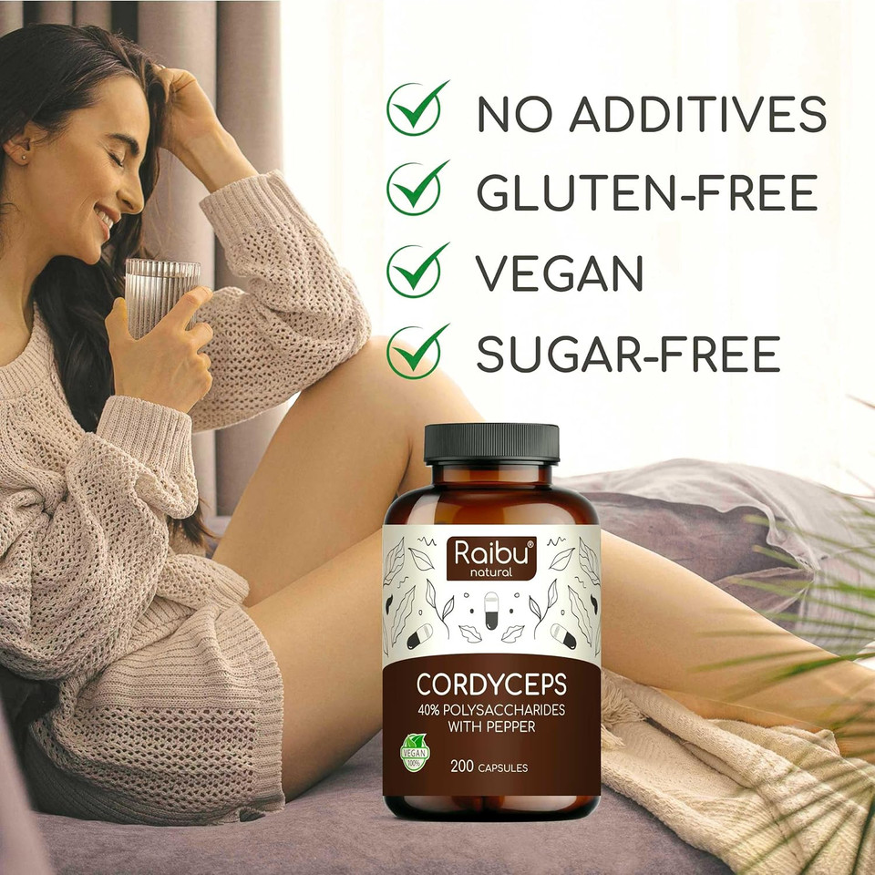 Raibu Cordyceps Capsules - 21000mg Mushroom Content per Daily Dose (10:1 Extract) - 200 Vegan Capsules - Cordyceps Supplement with Black Pepper & Vitamin C for Well-Being - No Additives & Lab Tested