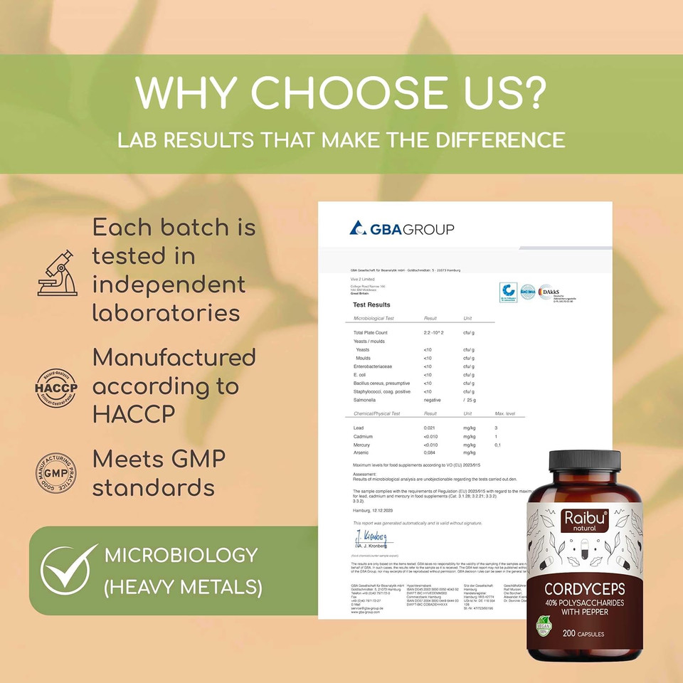 Raibu Cordyceps Capsules - 21000mg Mushroom Content per Daily Dose (10:1 Extract) - 200 Vegan Capsules - Cordyceps Supplement with Black Pepper & Vitamin C for Well-Being - No Additives & Lab Tested