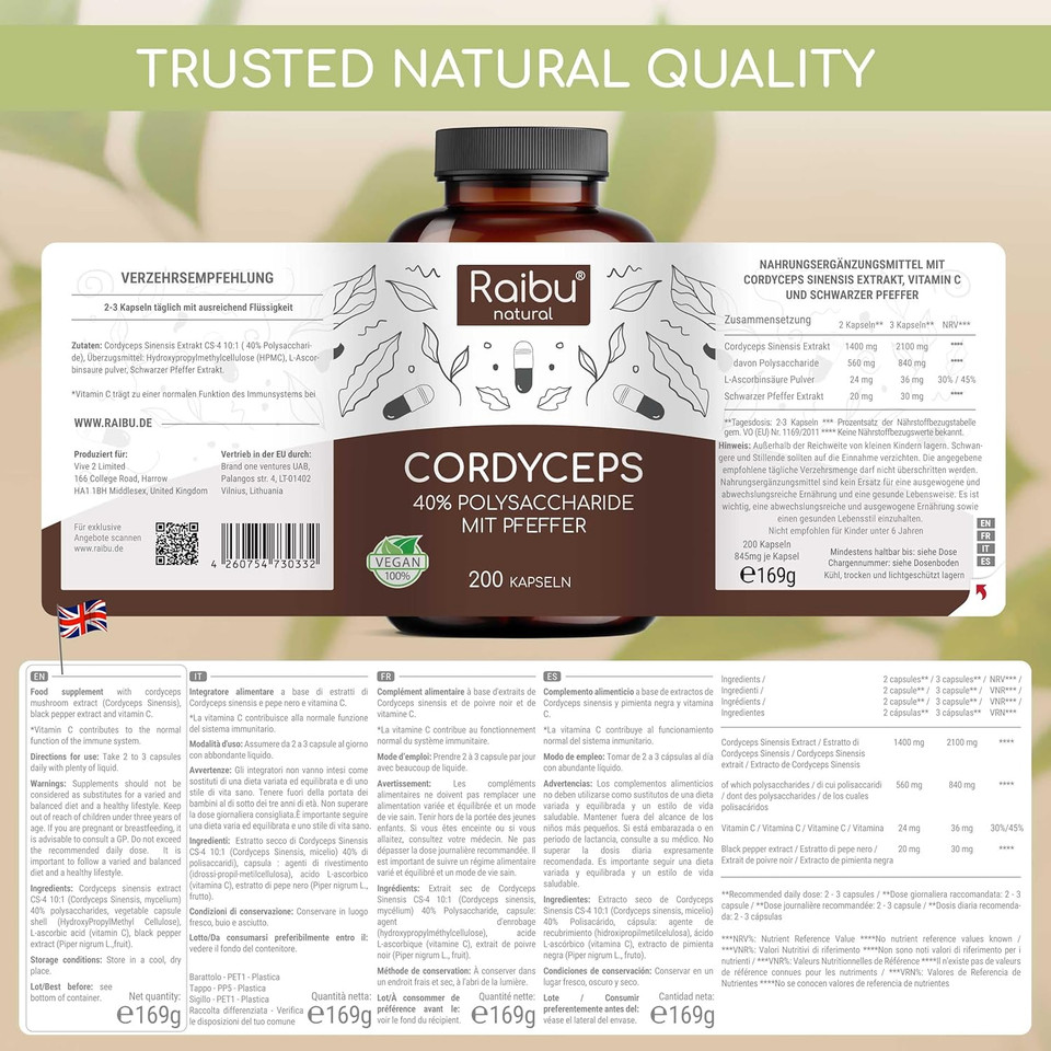 Raibu Cordyceps Capsules - 21000mg Mushroom Content per Daily Dose (10:1 Extract) - 200 Vegan Capsules - Cordyceps Supplement with Black Pepper & Vitamin C for Well-Being - No Additives & Lab Tested