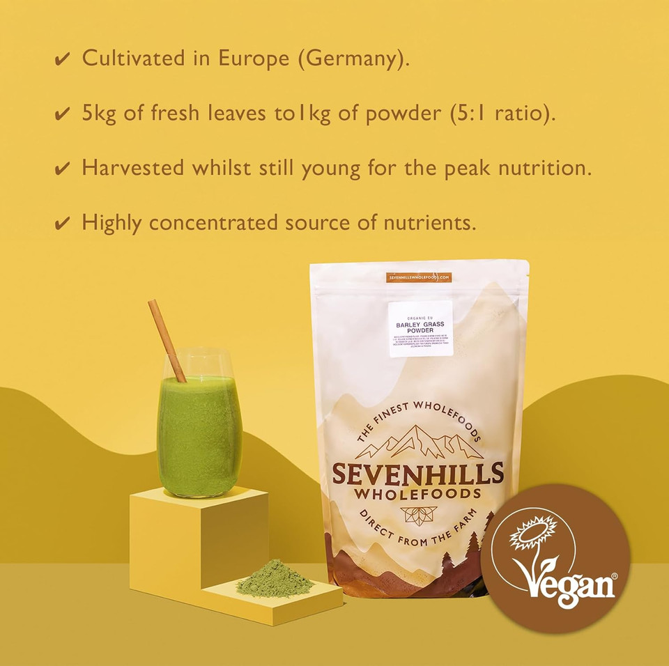 Sevenhills Wholefoods Organic European Barley Grass Powder 1kg, European (EU) | Cultivated in Europe | High in Vitamin C and Iron