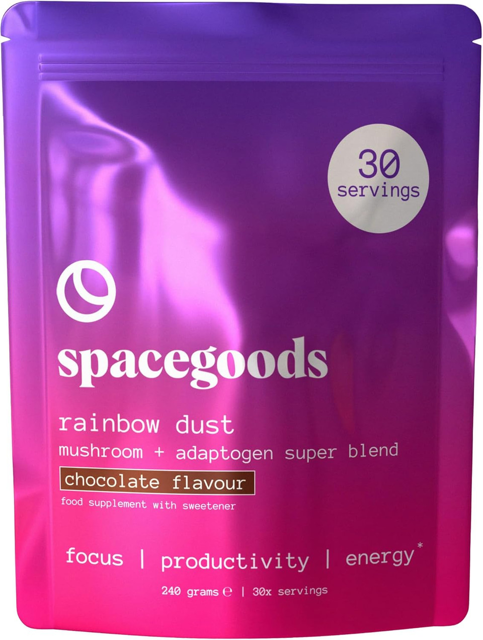 Spacegoods Rainbow Dust 240g | 30 Servings | Flavoured Mushroom Coffee | 80mg of Natural Caffeine | Lions Mane, Chaga, Ashwagandha & Vitamin B5 | Sharper Focus, Energy & Calm | Chocolate