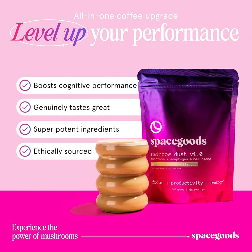 Spacegoods Rainbow Dust 240g | 30 Servings | Flavoured Mushroom Coffee | 80mg of Natural Caffeine | Lions Mane, Chaga, Ashwagandha & Vitamin B5 | Sharper Focus, Energy & Calm | Vanilla & Cinnamon
