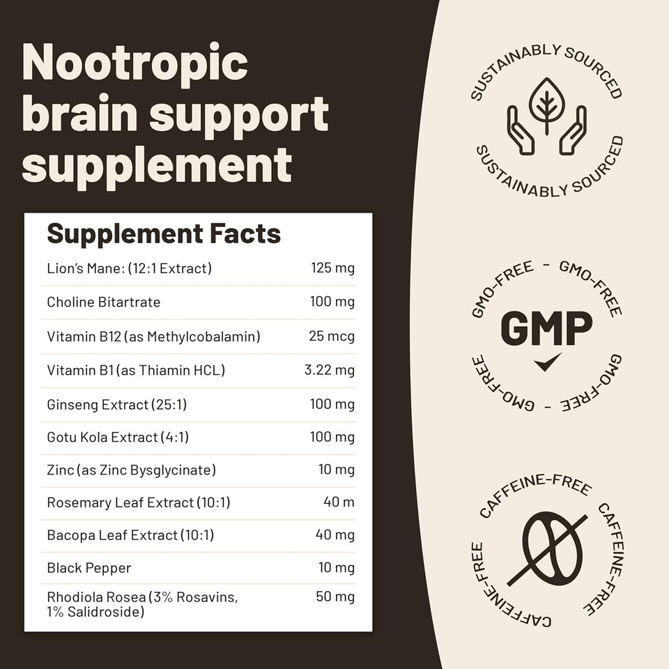 Lions Mane Mushroom Supplement Capsules Complex - Supplement Caffeine Free, Lions Mane Extract - 120 Vegan Bacopa Monnieri, Gotu Kola, Ginseng Capsules
