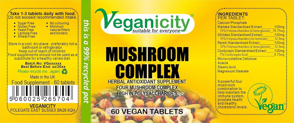 Veganicity Mushroom Complex : Immune System Support : 60 Tablets, in a Planet-Friendly 99% Recycled Pot
