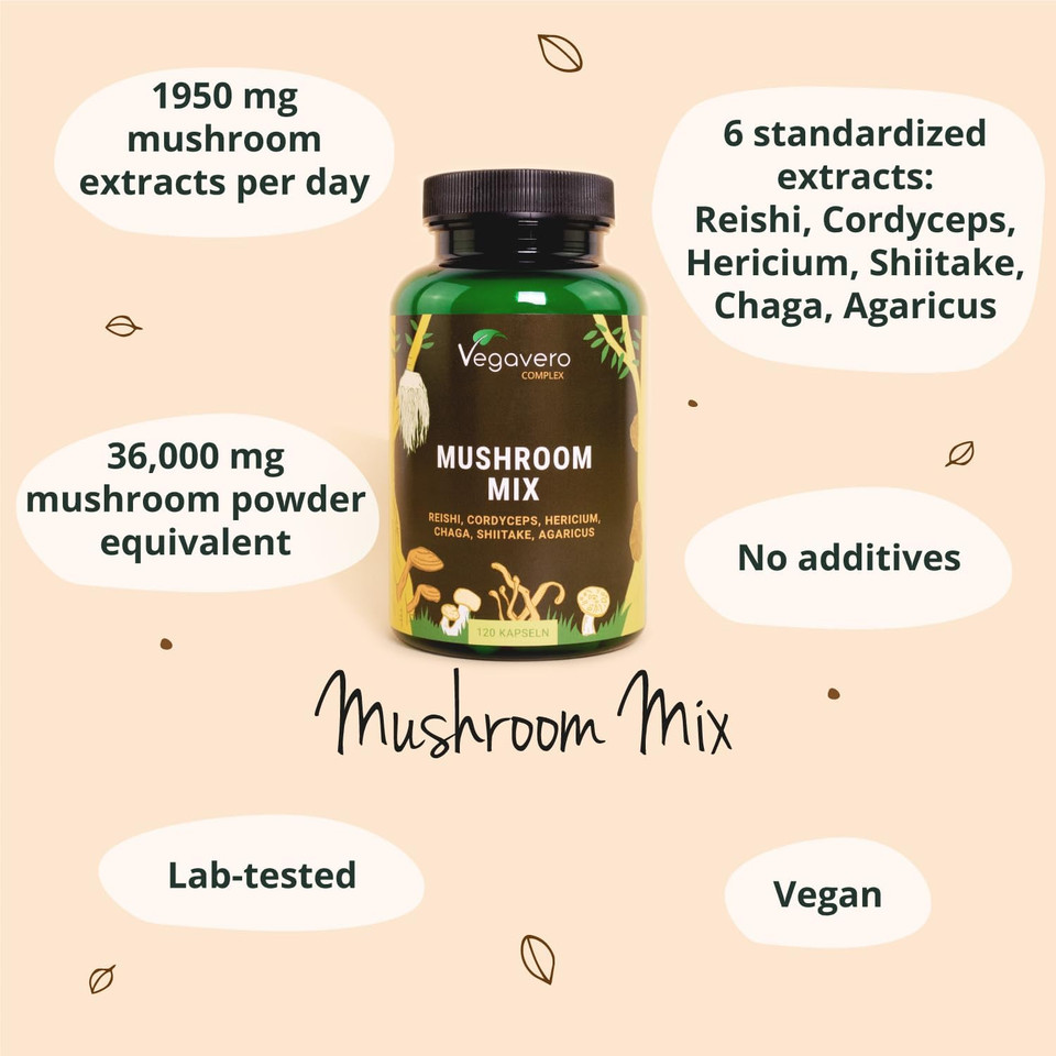 Vegavero Mushroom Complex | High Strength Extracts | Reishi, Cordyceps, Chaga, Lions Mane, Shiitake & Agaricus | NO Additives | 120 Capsules | Vegan